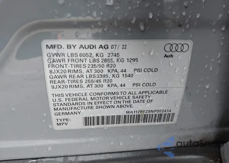 2022 Audi Q4 Sportback E-Tron Prestige 50 Quattro из США, поврежденный, VIN WA112BFZ9NP052414